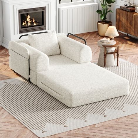 [Patented Design]Chenille-Schlafsofa 2-in-1 mit Staufach in der Armlehne, drei Metallrahmen und mehreren Konfigurationsmöglichkeiten.