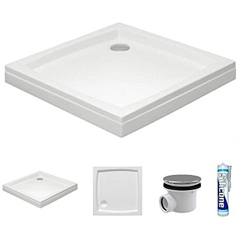 ECOLAM Receveur de Douche carré Patio2 80x80 cm, Hauteur 16 cm, Profondeur 5 cm, Tablier Acrylique Amovible, Siphon, Silicone (1/5)