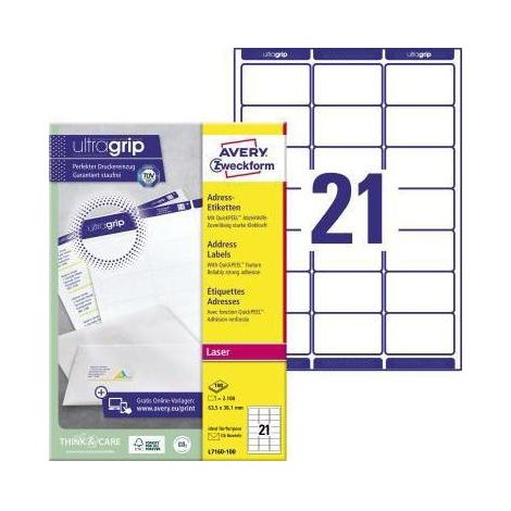 AVERY ZWECKFORM Adressetikett Avery Zweckform ultragrip 63,5 x 38,1 mm (B x H) Papier weiß 2.100 Etik./Pack. (1/4)