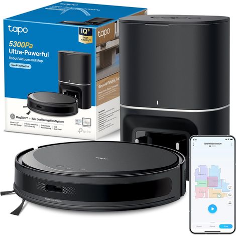 Tapo RV20 MAX Plus Robot Aspirapolvere Lavapavimenti con Mappatura 5300Pa, Svuotamento Automatico Polvere 3L, Navigazione LiDAR MagSlim, Design Ultra Compatto 83mm, Controllo APP&Alexa&Google