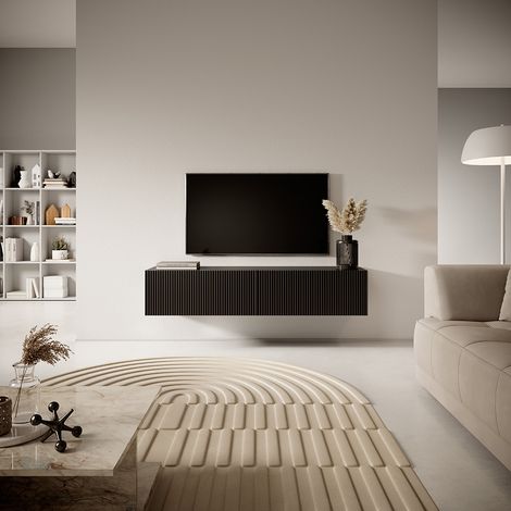 Selsey – Meuble TV 140 cm noir – Façade biseautée – Panneau stratifié résistant à l'humidité – 2 armoires spacieuses pour rangement