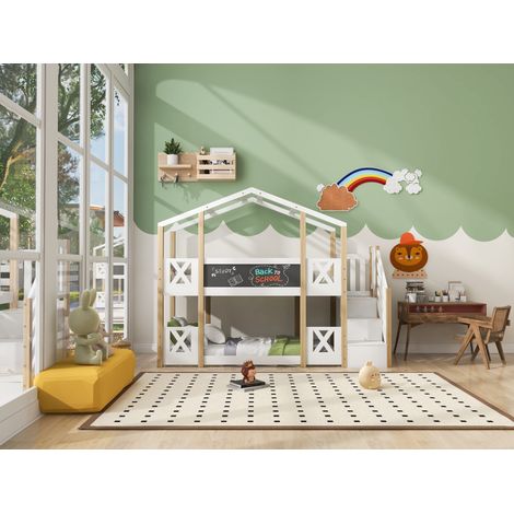 Letto a soppalco in legno bianco e naturale 90x200 cm con scala contenitore e lavagna frontale