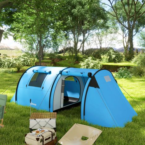 Tente de camping pour 3-4 personnes, stable, imperméable, familiale avec chambre/salon, imperméabilité 3000 mm, bleu ciel (1/5)