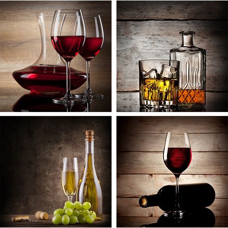 Coupe de vin rouge - Décoration murale moderne pour cuisine et restaurant - 4 œuvres d'art abstraites imprimées sur toile - Tableau rétro contemporai