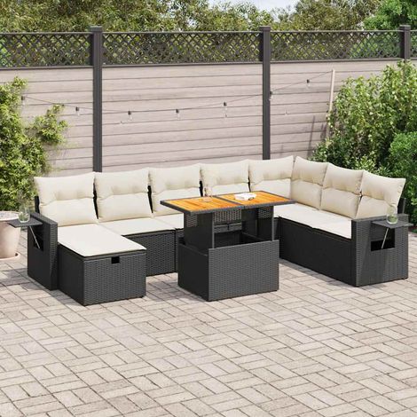Set sofás jardín y cojines 9 pzas ratán sintético acacia negro vidaXL (1/5)