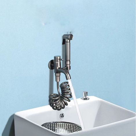 Rubinetto per vasca con doccetta, supporto e tubo flessibile, bagno grigio metallizzato - miscelatore a parete in ottone (1/4)