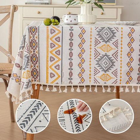 Tovaglia in stile bohémien (150x180 cm) – Idrorepellente, con stampa etnica e frange, per tavolo da pranzo e giardino. (1/3)