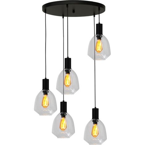 Suspension loft 5 lumières - noire - Porto avec verres transparents Nicolette - 2712-05-05-50-5-12