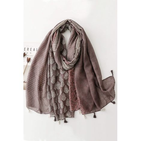 Écharpe marron à imprimé floral et rayures 180x90 - coton et viscose (1/5)