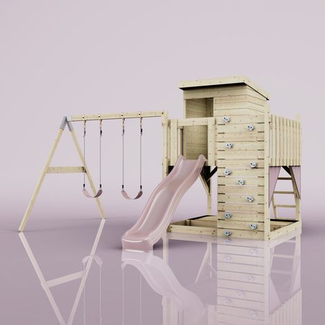 Polarplay – Balançoire double en bois non traité 415 x 396 cm – Hauteur 261 cm – Pour enfants jusqu'à 50 kg – Installation avec ancrages au sol - ROSA 415 X
