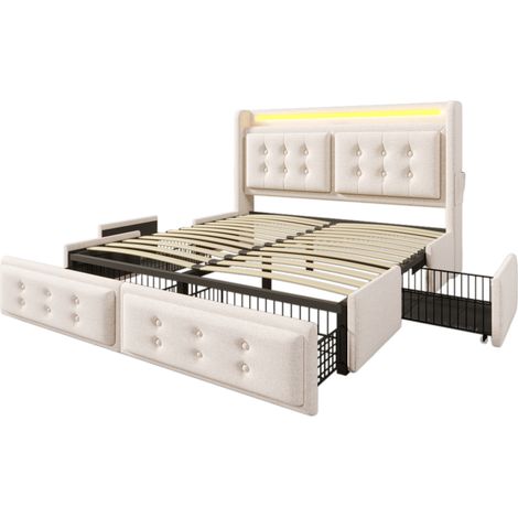 Letto contenitore 140x200 cm beige in cotone e metallo con testiera LED, USB e 4 cassetti (1/5)