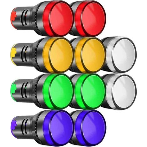 10Pcs 22mm Indicateur Lumineux 220-380VAC LED Montage sur Panneau Encastré (Rouge/Vert/Bleu/Orange/Blanc, Chaque Couleur 2pcs) (1/4)