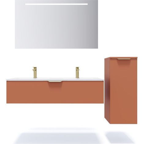 Meuble de salle de bain suspendu double vasque intégrée 120cm 1 tiroir Terracotta + miroir + colonne ouverture droite - Venice (1/5)
