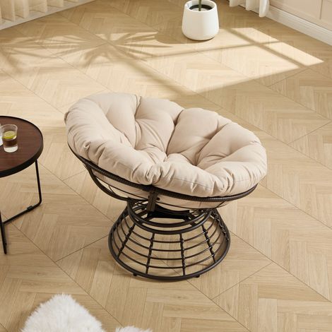 Fauteuil papasan rotin ergonomique pivotant 360° intérieur extérieur matelas épais pour salon chambre lecture cadre marron coussin beige (1/4)
