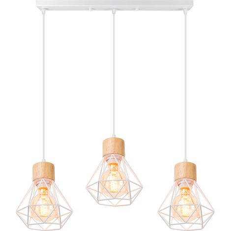 Lampe À Suspension Vintage Suspension Luminaire Rétro Blanche À 3 Lumières, Plafonnier D'Intérieur Moderne En Métal Et En Bois (1/5)