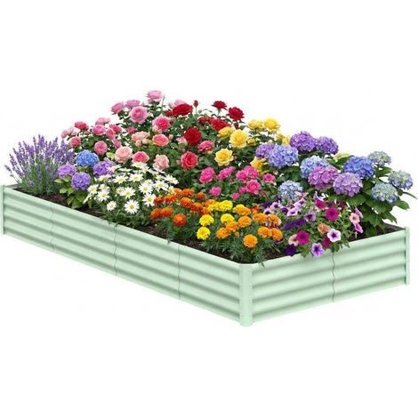 Lit surélevé de jardin rectangulaire en acier galvanisé 244x122x30 cm, bord de sécurité, adapté aux légumes, plantes et fleurs, couleur vert olive (1/5)