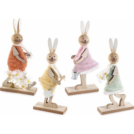 Conigli pasquali in legno con morbido vestito e decori, set da 4 pezzi, cm 11 x 4 x 22,5 H