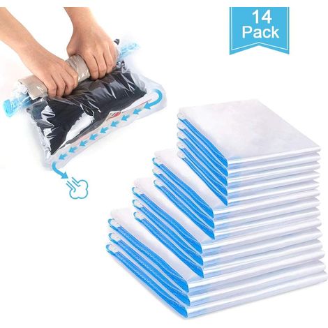Bolsas de vacío de viaje con ruedas, 14 unidades, bolsas de compresión, 4 tamaños, bolsas de almacenamiento al vacío reutilizables para ropa, mantas, camping y senderismo. (1/3)