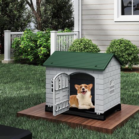 GOPLUS Niche pour Chien Exterieur en PP, Cabane Chien Exterieur Interieur avec 3 Fenêtres, Porte Verrouillable, Toit en Pente, Plateau de Toilette Amovible, Ventilé&Imperméable, 75 x 58 x 65 CM (Vert) (1/5)