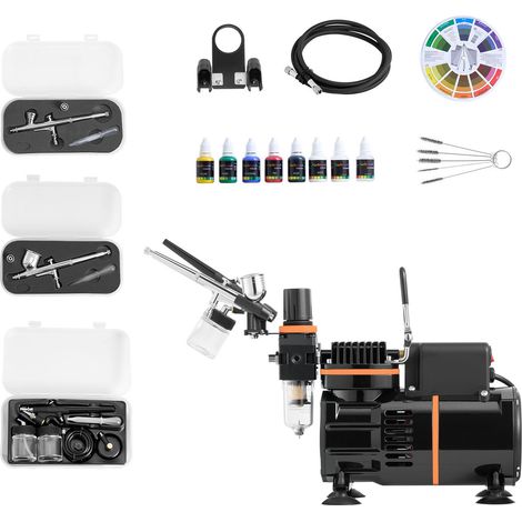 Mophorn Kit de aerógrafo con compresor de aire de 1/6 HP, incluye 3 aerógrafos de doble acción, 3 boquillas, manguera, 6 pinturas acrílicas, ideal para decoración de pasteles, maquetas