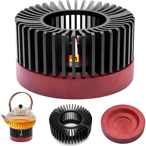Réchaud noir pour théière de 11 cm - Réchaud en aluminium avec socle en bois - Chauffe-tasse - Isolation - Cache-café - Pour conserver la chaleur du thé, du café, du lait (1/5)