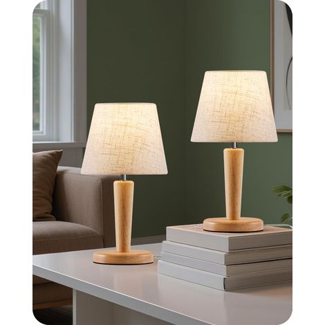 Small Wooden Bedside Lamp, Set of 2, Beige Table Lamp, 3 Colour Temperatures with Memory Function, E27 LED Bulbs Included, for Bedroom, Living Room, Modern (1/5)