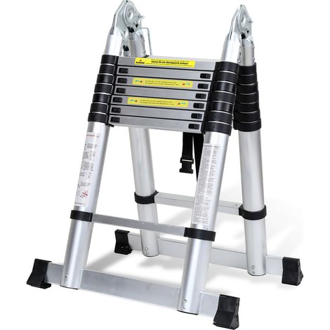 Jiubiaz Escalera telescópica Pro 5m plateada 150kg, patas antideslizantes