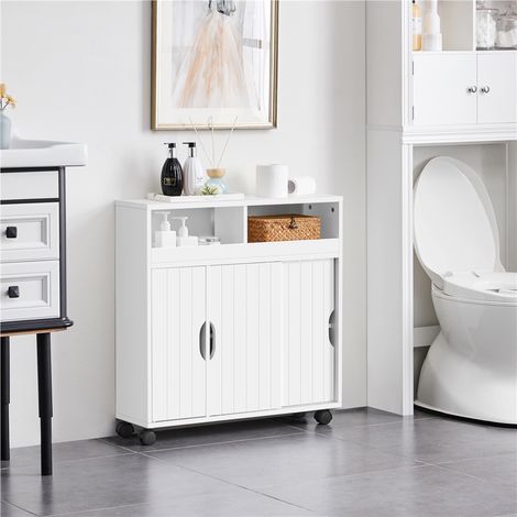 Yaheetech – Meuble bas de salle de bain sur roulettes – Porte coulissante – Étagère réglable – Dimensions 69,5 × 20 × 71,5 cm – MDF blanc résistant à l'eau