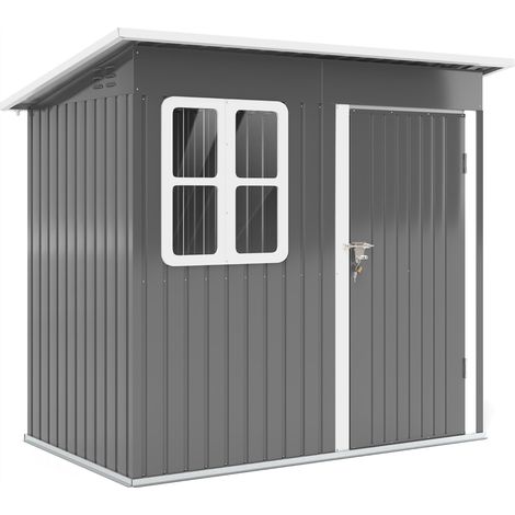 Abri de jardin Outsunny, 2,55 m², toit pentu, 221 x 133 x 190/173 cm, abri à outils avec porte verrouillable, fenêtre, garage à vélos, armoire de jardin en acier, pour jardin, gris foncé (1/5)