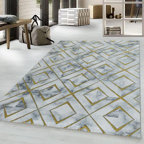 Naxos Luxury Marbled Rug Bedroom Living Room Contemporary White Gold Small 80x150 cm (2'6"x5'0") (1/4)
