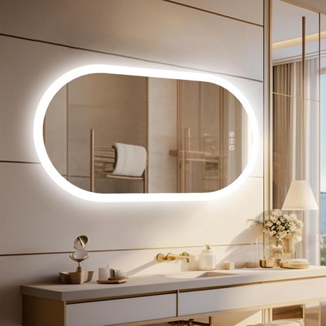 LED Badspiegel Oval 120x60 cm Großer Badezimmerspiegel mit Beleuchtung Touch-Schalter, Beschlagfrei, 3 Lichtfarben Dimmbar für Bad Flur Garderoben Spiegel