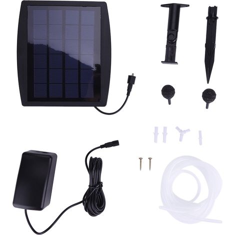 Aireador solar con bomba oxigenadora para estanques, piscinas y acuarios. Panel solar de 3 W, 4 difusores, bomba ajustable, caudal de 7 m³/h, batería de 12 h.