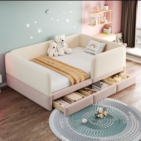 Lit enfant 140x200 cm, Lit rembourré avec 3 tiroirs de rangement, bords arrondis sécurisés, style scandinave, velours rose (1/5)