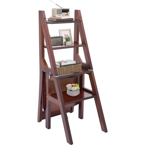 Taburete plegable, silla plegable de madera, taburete plegable de cuatro niveles, soporte plegable para flores para la cocina, el despacho y el salón, color nogal, 100 kg (1/5)