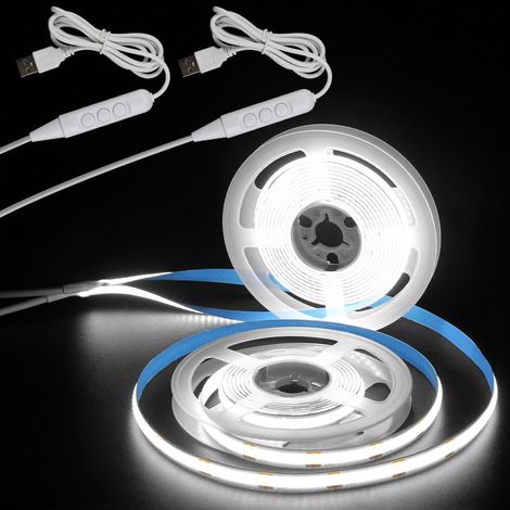 Lot de 2 bandes lumineuses LED COB 5 V Blanc 6000 K 2 m 640 LED à intensité variable avec autocollant pour chambre à coucher, cuisine, placard, miroir, escalier, projet d'éclairage à faire (1/5)