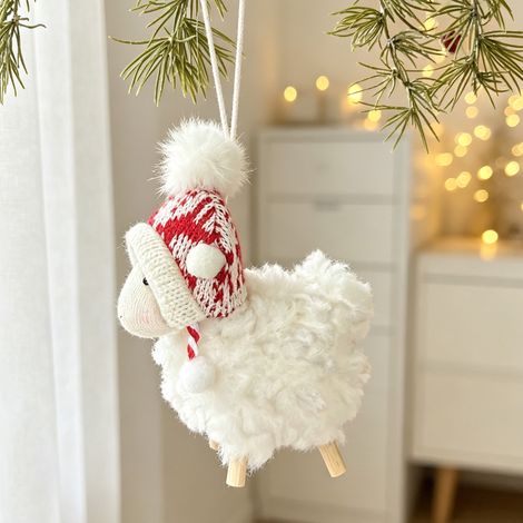 Figurine de Noël « petit agneau » : peluche à poils bouclés, pendentif pour sapin de Noël, cadeau de fête. Pendentif en forme d'agneau avec bonnet à oreilles et pattes en bois brut. (1/3)
