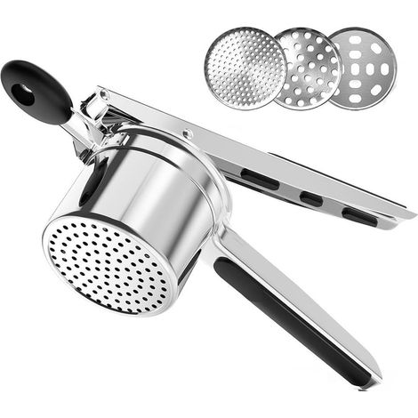 Machacador de patatas de acero inoxidable, exprimidor de frutas y verduras, gran capacidad con 3 discos intercambiables, tamaño grande, robusto, acero inoxidable con mango de silicona (tamaño grande)