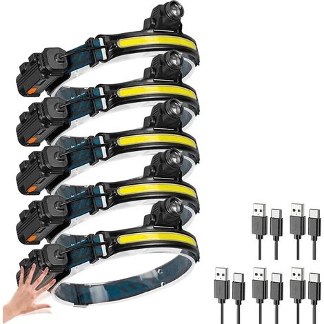 Lampe frontale à zoom (lot de 5) - Lampe frontale à induction XPG+COB LED avec zoom, batterie intégrée, rechargeable par USB, 6 modes d'éclairage - Idéale pour le camping et la pêche (1/5)