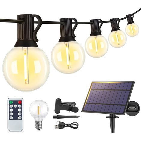 Larkvue Guirnalda LED Solar G40 18m 30 Bombillas, Impermeable IP65 con Mando y Carga USB – Ideal para Jardín y Terraza (1/5)