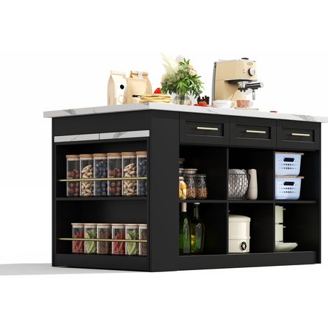 Îlot de cuisine avec table escamotable, rangement intégré et plateau blanc effet marbre, meuble noir 150 x 90 x 90 cm (1/5)