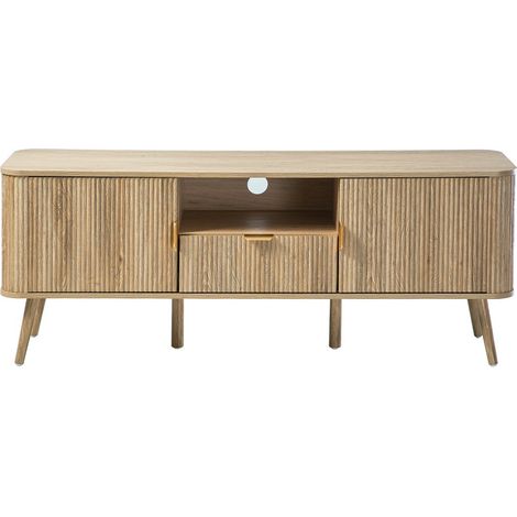CALICOSY - Meuble TV 2 portes effet chêne façades lames arrondies L140 cm - MAHO (1/5)
