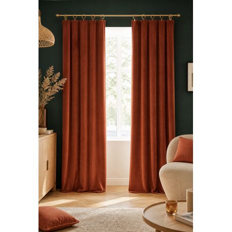 Lot de 2 rideaux velours terracotta 140 x 270 cm ajustables – Anneaux pince – Coton épais – CÉSAR