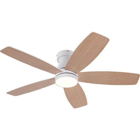 Ventilador de techo con luz LED regulable y mando a distancia, 6 velocidades, motor silencioso y aspas reversibles en blanco y madera clara para dormitorio, CHICFURN (1/5)