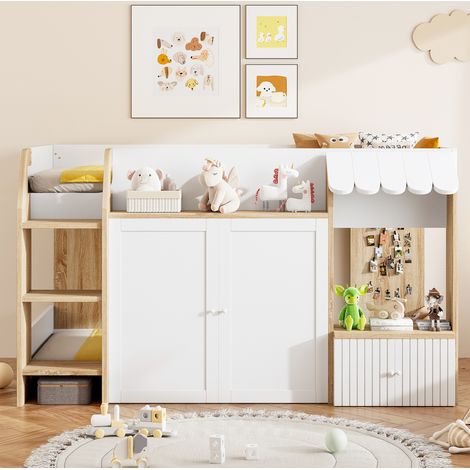 Kinder-Hochbett 90 x 200 cm mit Leiter, offenem Stauraum, Weiß und Holz HAVRYA (1/5)