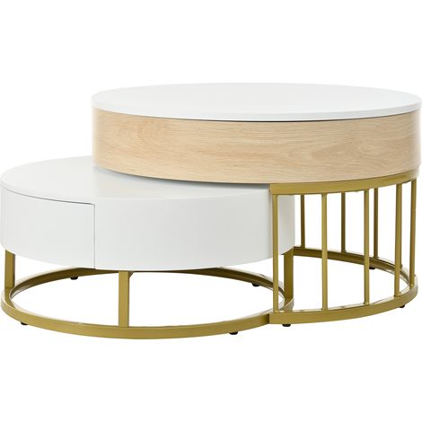 Runder 2er Couchtisch mit Lift-Top, Schublade, MDF, Weiß und Gold (1/5)
