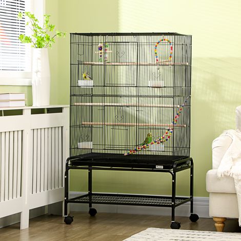 Gabbia per uccelli su ruote con 4 mangiatoie e 3 posatoi, 79 x 49 x 133 cm, nera