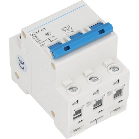 Disjoncteur tripolaire PA66, montage sur rail DIN, disjoncteur miniature, pouvoir de coupure 6000 A, 400 V, 6 A