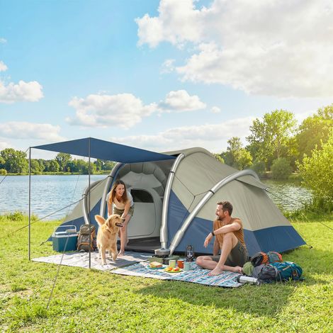 Tente gonflable 4 personnes, montage rapide, tente de camping extérieure avec 2 chambres, fenêtres en filet et auvent