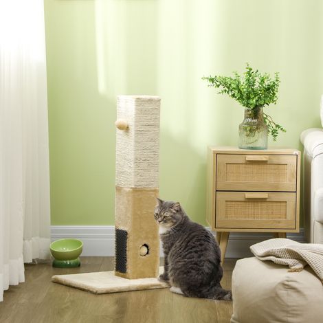 Arbre à chat, griffoir, balle avec clochette, 2 brosses de toilettage, 59,5 x 39 x 79 cm, beige crème (1/5)