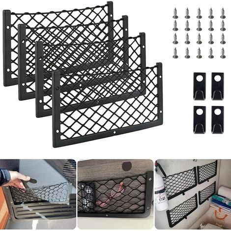 Lot de 4 Filets à Bagages 36 x 18 cm avec Crochet pour Coffre de Voiture, Camping-Car, Filet de Rangement pour Caravane, Camion, camionnette, Van (1/5)